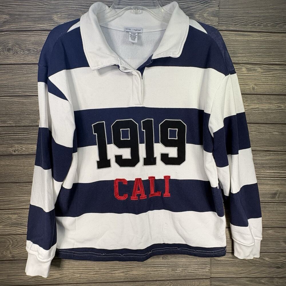 Better Together Women S Blue & White Striped 1919 CALI Fleece Lined Sweatshirt